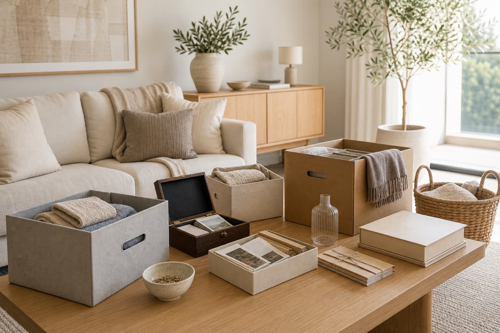Calm spare room sorting scene with tasteful boxes, documents and household items for downsizing planning