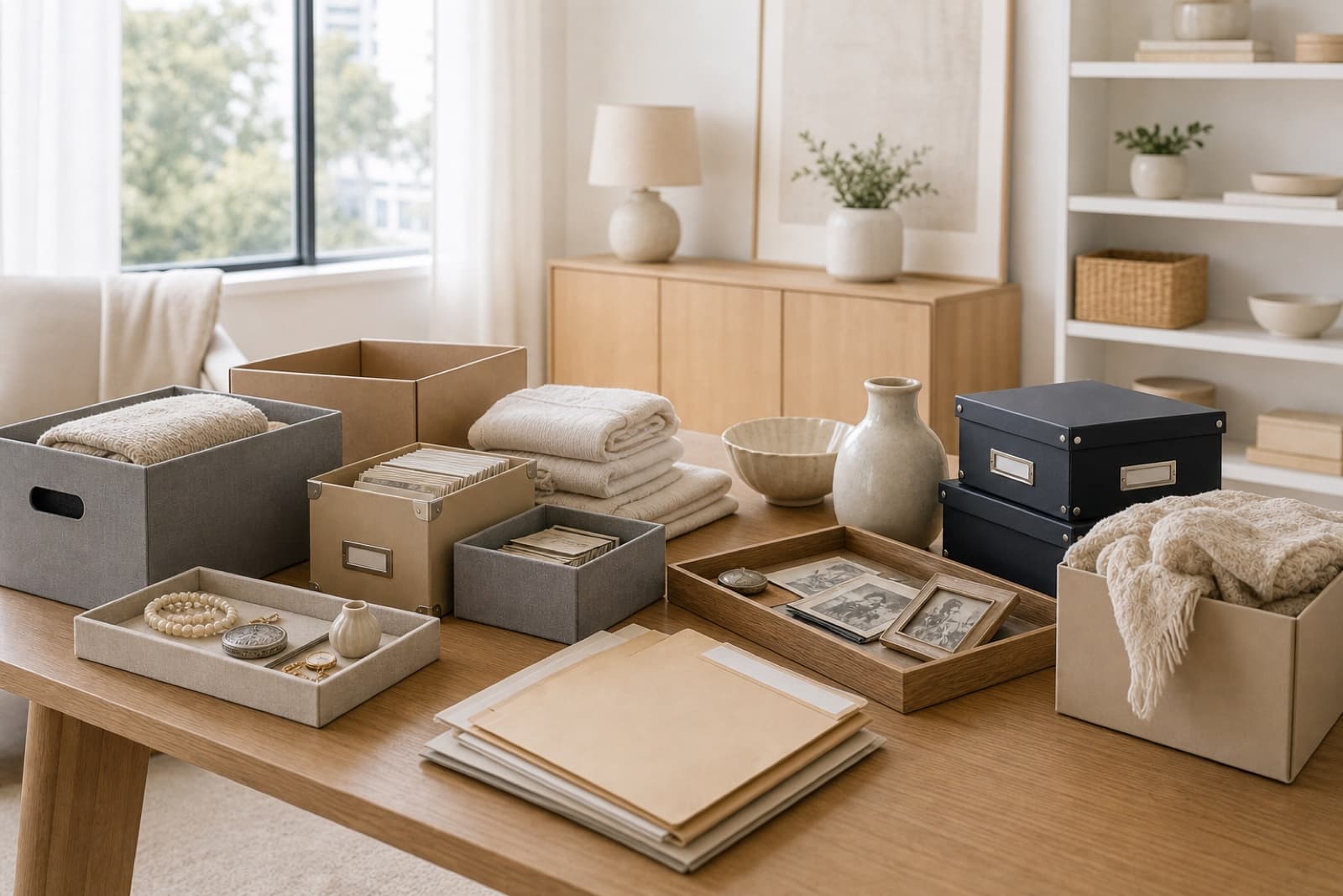Respectful estate decluttering setup with documents, photo boxes, keepsake trays and household belongings