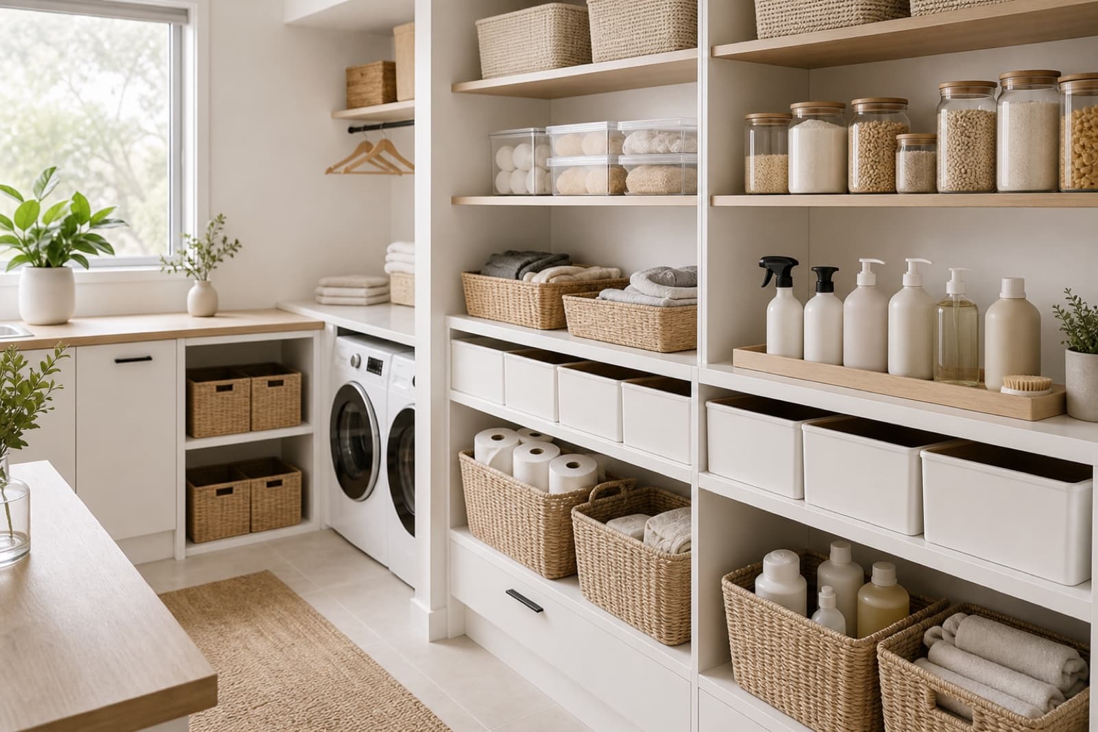 Organised pantry and laundry utility zone with baskets, containers and refreshed shelves