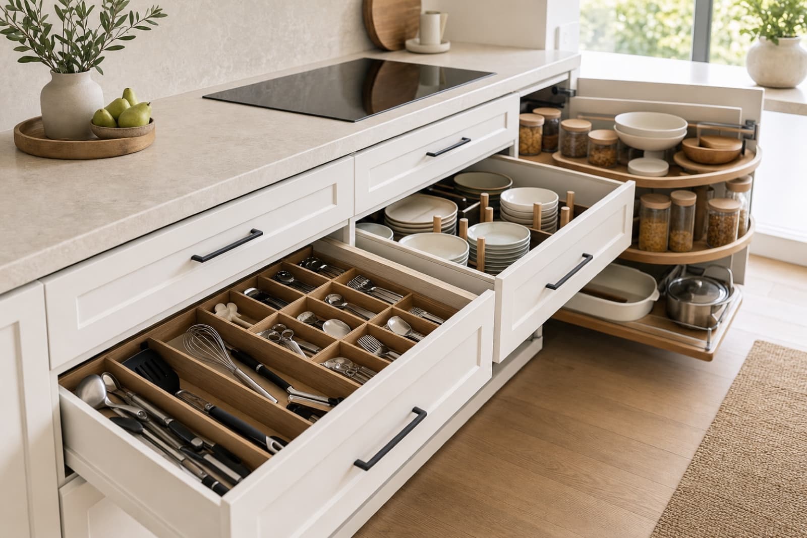 Organised kitchen drawers and cabinets with dividers, plates and cooking zones in a bright neutral Sydney kitchen