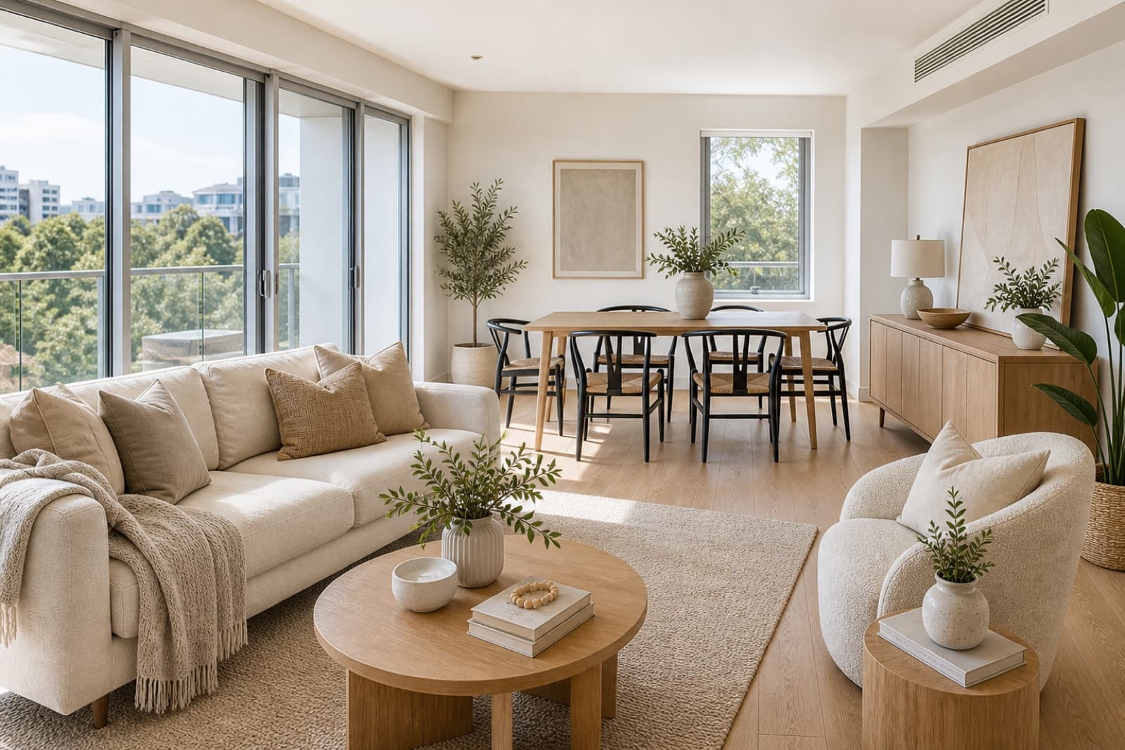 Bright living and dining room with edited surfaces, styled cushions and photo-ready presentation