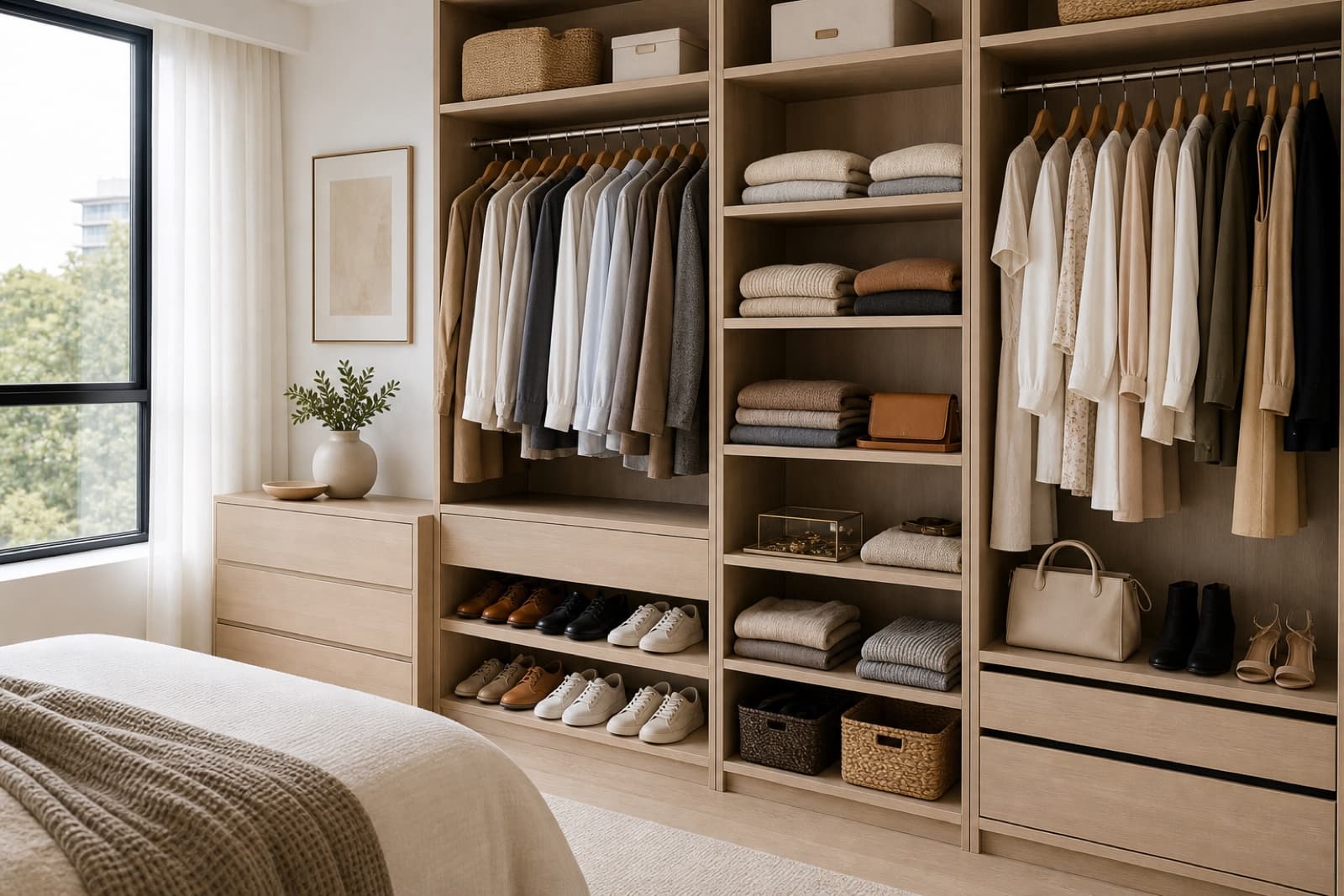 Open organised wardrobe with folded clothing, shoes, accessories and baskets in a bright neutral Sydney home